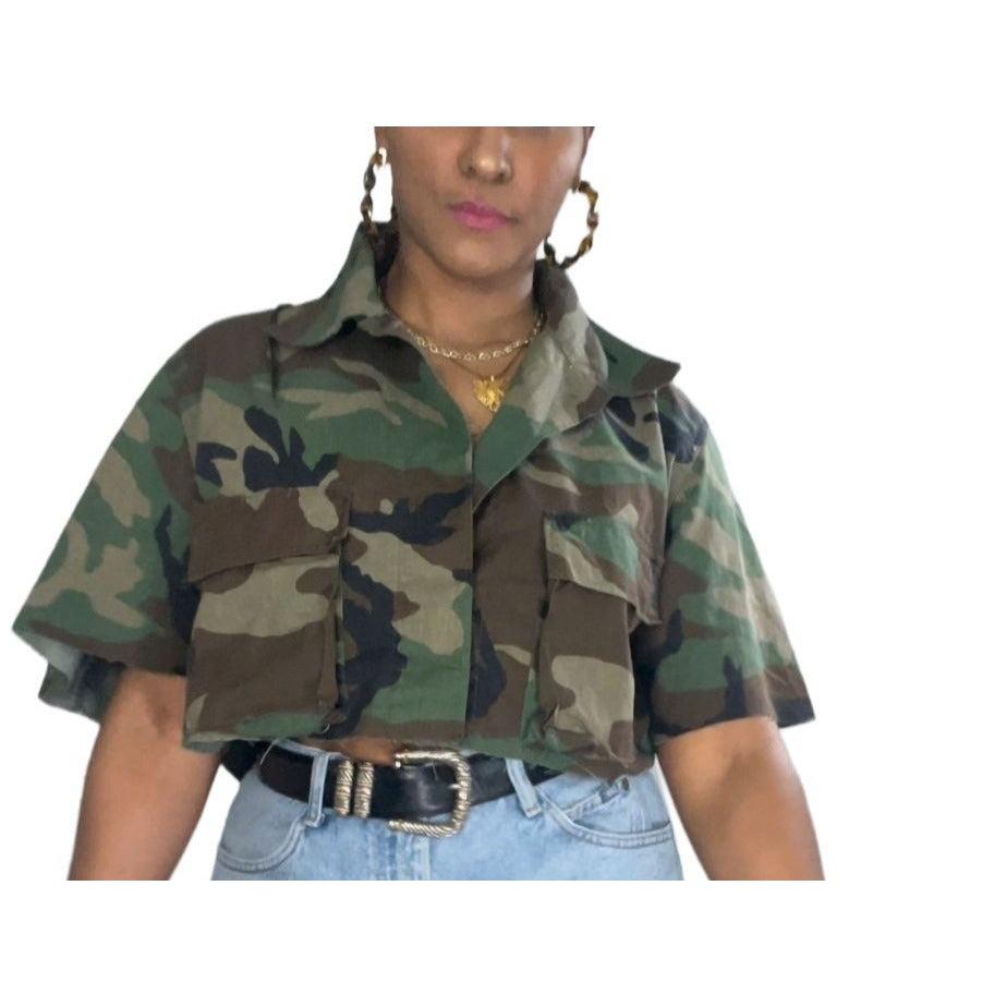 Dark Green Short Sleeve Crop Camo Jacket - L/XL