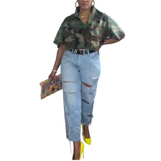 Dark Green Short Sleeve Crop Camo Jacket - L/XL
