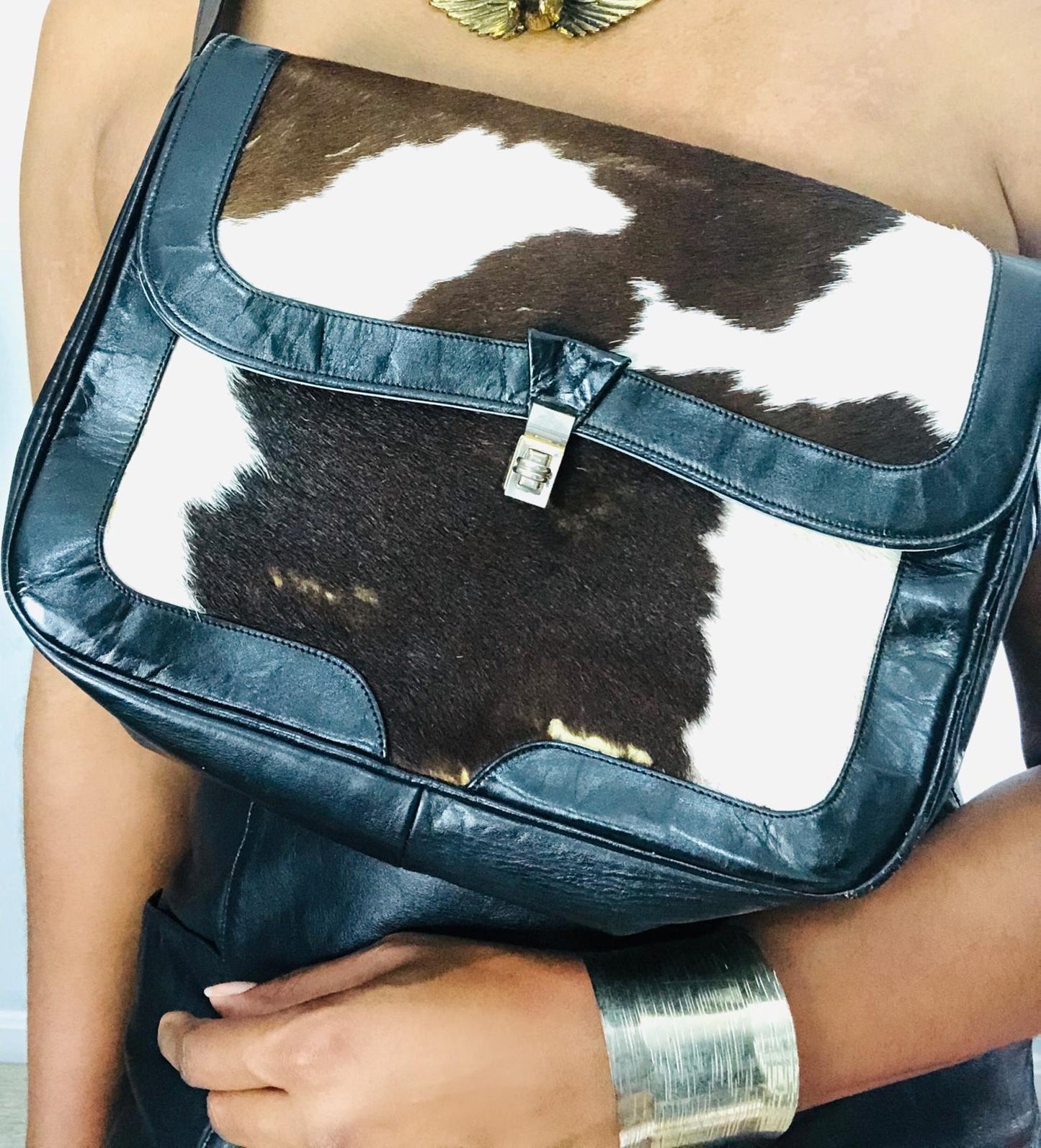Vintage Leather Trim Genuine Cowhide Purse
