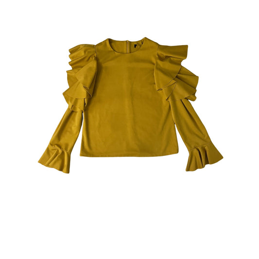 Ruffled Cut Out Shoulders Mustard Blouse