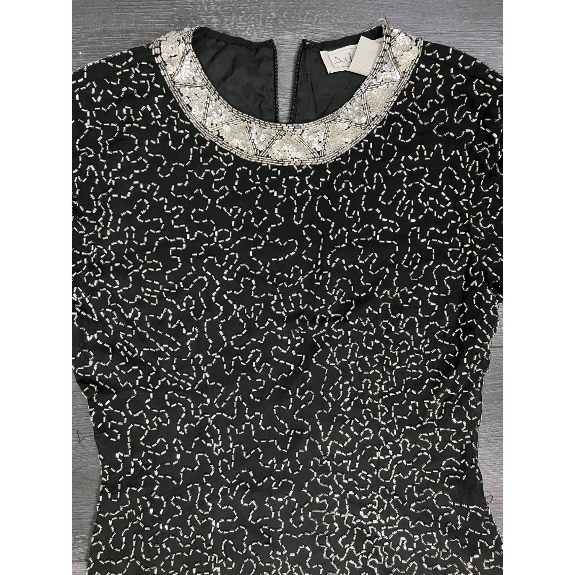aj bari sequin dress Vintage A.J. Bari Cache Silk Beaded Sequins Art Deco Flapper Silk Dress Size 4