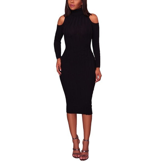Black Turtleneck Bodycon Cold Shoulder Dress