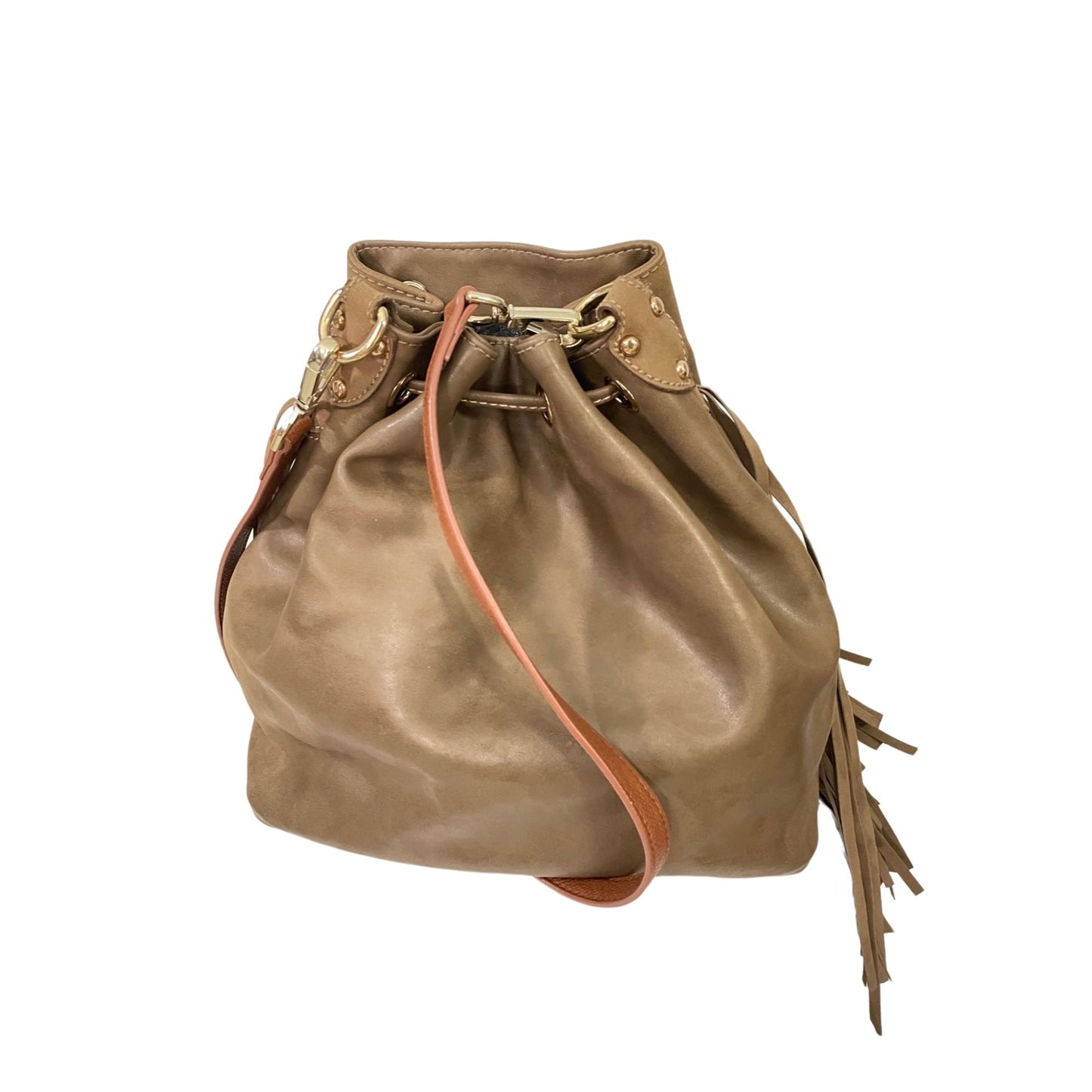 Taupe Drawstring Fringed Bag