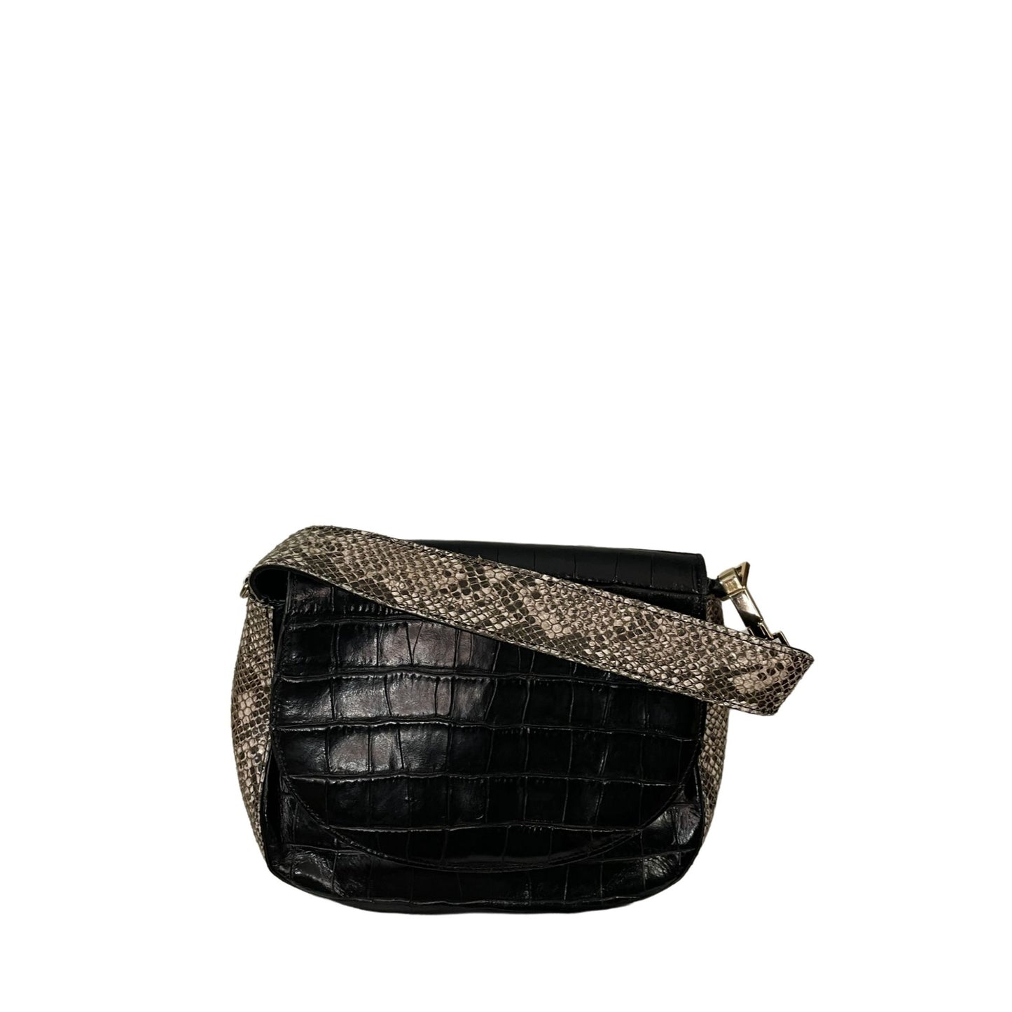 Black Leather Croc Snakeskin Trim Bag